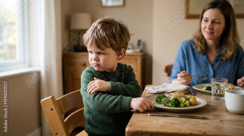 Child refusing broccoli at dining table while mother watches  