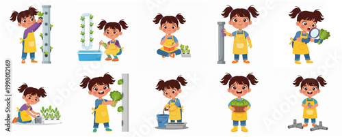 Cute Little Girl Learning Hydroponic Farming and Vertical Gardening Character Set Illustration