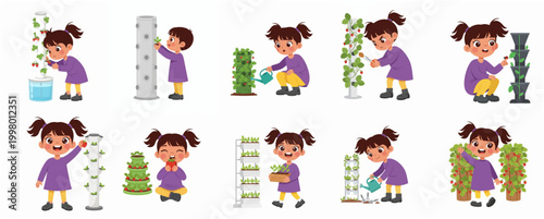 Little girl character set engaging in various hydroponic and vertical gardening activities such as planting, watering, and harvesting fresh strawberries.