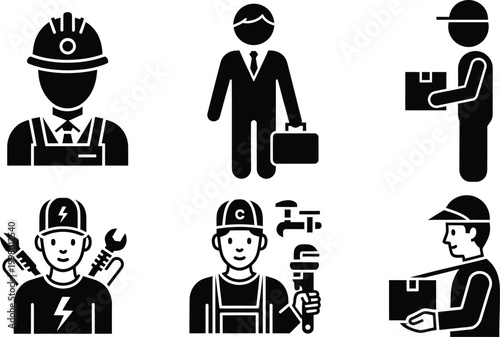 Worker and profession icons set with engineer electrician plumber courier business symbols flat black vector collection isolated on light background