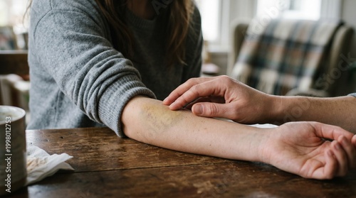 Obraz na plátně Person examining a painful bruise on a woman's arm at a wooden table