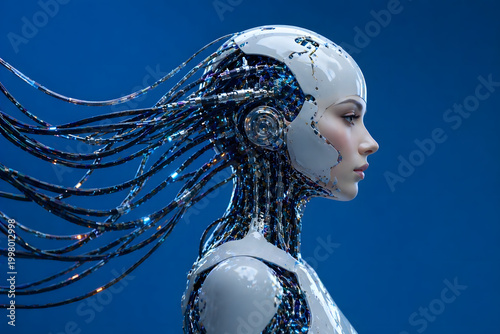 Side profile of advanced humanoid robot with exposed cables and sleek design, representing artificial intelligence, future technology, and cybernetic innovation.