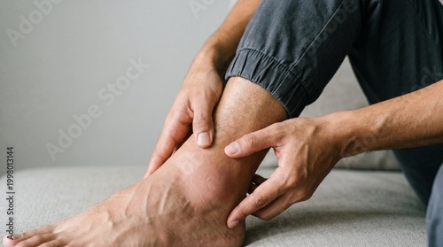 Canvas Print Person touching a swollen painful ankle while sitting on a couch at home