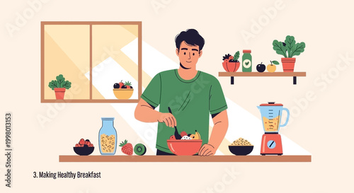 Young man preparing a healthy breakfast with fresh fruits and granola in a modern kitchen