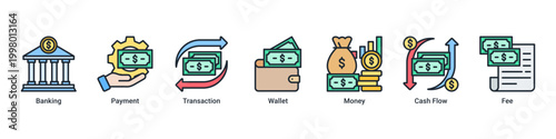 Banking System banner with banking,payment,transaction,wallet,money,cash flow and fee icons for fintech and digital finance concept