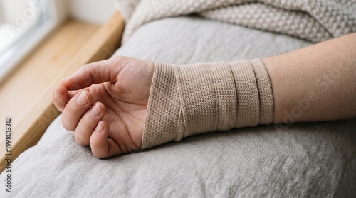 Schilderij op canvas Person with an injured wrist wrapped in a beige medical compression bandage