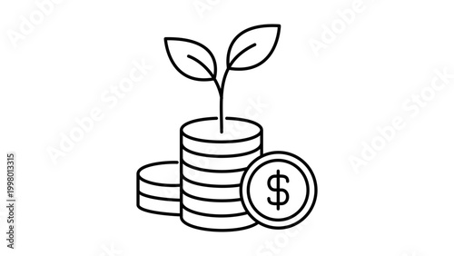 Schilderij op canvas Yield Farming and Investment Growth Concept: A Minimalist Black Line Vector Icon of a Small Plant Growing from a Stack of Dollar Coins, Editable Stroke Illustration for Finance and Business ROI