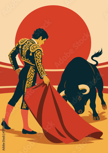 081-07-Matador in traditional traje de luces creating a dramatic scene with a fighting bull