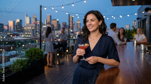 Young woman holding cocktail and smiling on rooftop bar at dusk  