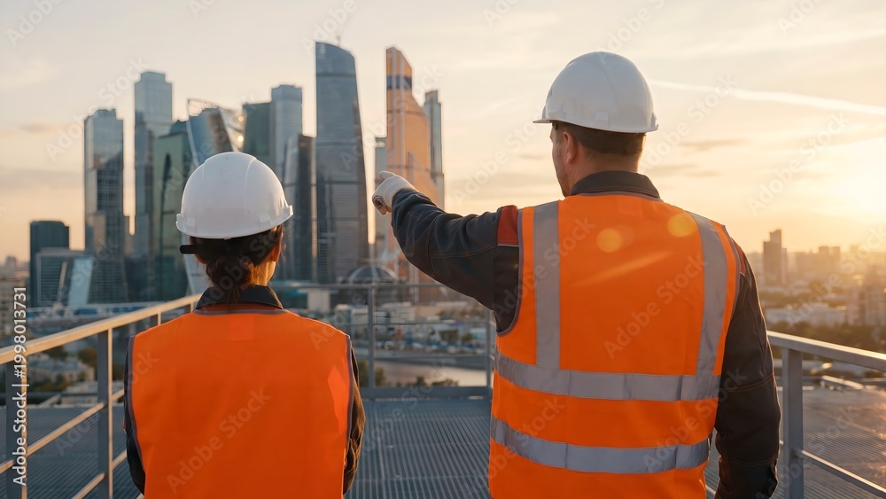 Obraz premium Engineers in hard hats and safety vests pointing at a city skyline at sunset