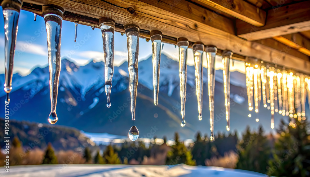 Naklejka premium Icicles hanging from a wooden roof with a single water drop reflecting the entire mountain landscape during the spring thaw generative AI