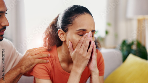 Foto Woman, stress and man with comfort in home for loss, mistake or fail with anxiety in living room