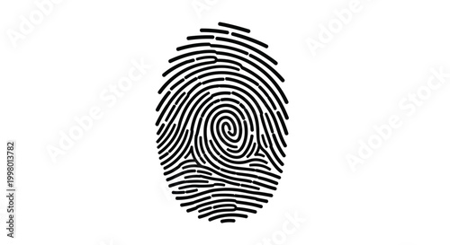 A detailed black and white illustration depicts a human fingerprint with concentric lines and unique patterns