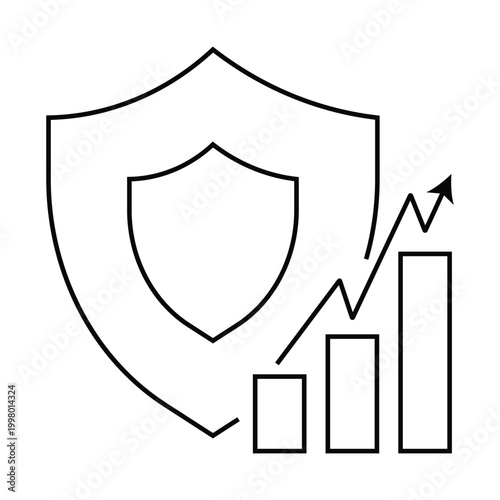 Financial Security and Business Growth Icon Featuring Shield Symbol with Rising Bar Chart Representing Investment Protection Economic Stability Secure Analytics and Profit.