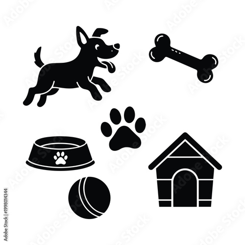 Happy jumping dog with essential pet care items including house bone bowl ball and paw