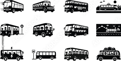 School bus tour bus double decker electric bus public transport travel passengers road trip commuting vehicle illustration black white vector