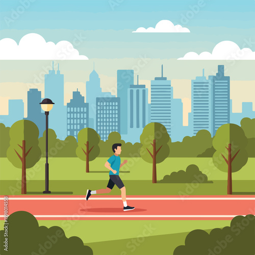 A man jogging on a park path with a city skyline