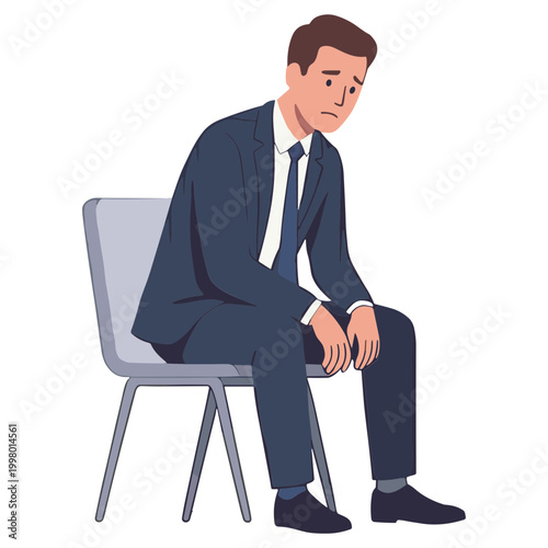 A man in a suit sits on a chair with a sad expression