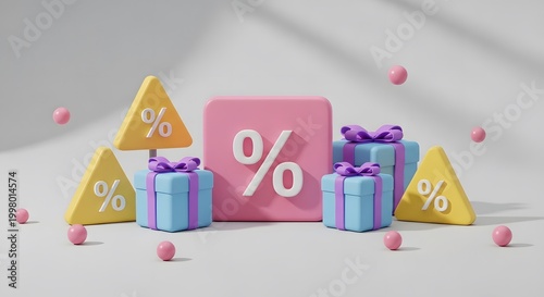 Discount sale concept with percentage signs and gift boxes