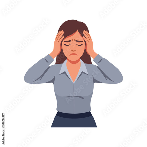 A stressed woman touches her head in frustration at her desk.