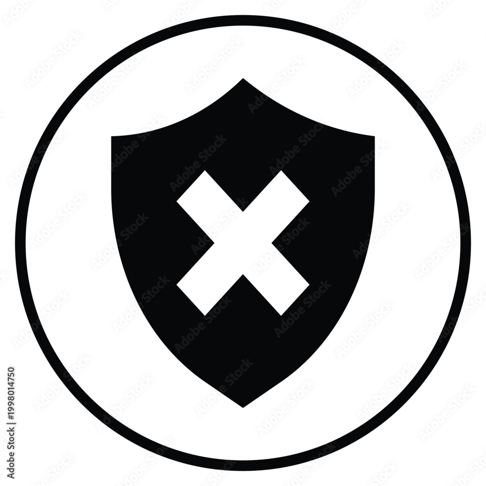 Fototapeta premium Minimalist Shield Icon with Cross Mark Symbolizing Security Breach Failed Protection Cyber Threat Vulnerability Digital Safety Error Denied Access and System Warning.