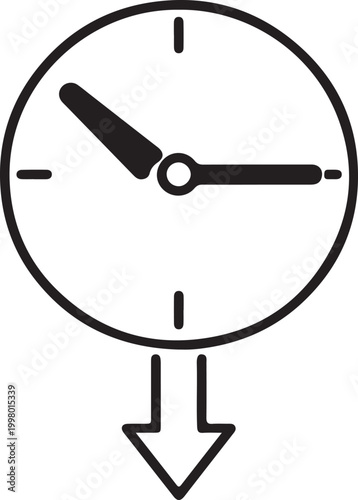 Simple clock icon with downward arrow representing time passing or deadline flat vector design for web and apps isolated on white background