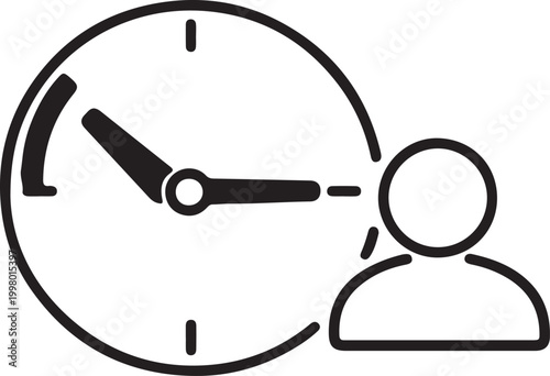 Simple clock icon with person silhouette representing time management scheduling or punctuality isolated on white background