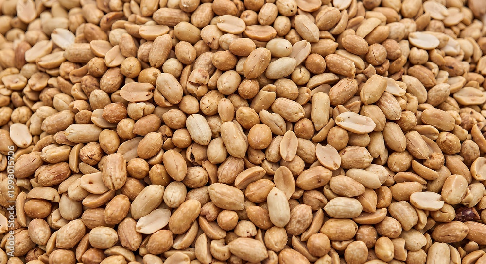 Fototapeta premium A large pile of shelled, roasted peanuts displayed against a uniform background. 