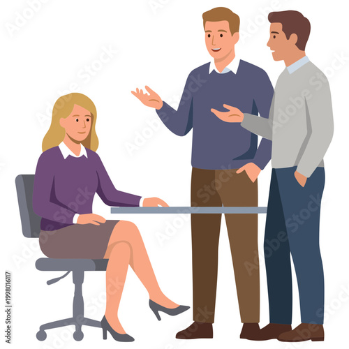 Three people discussing at a desk with a woman sitting