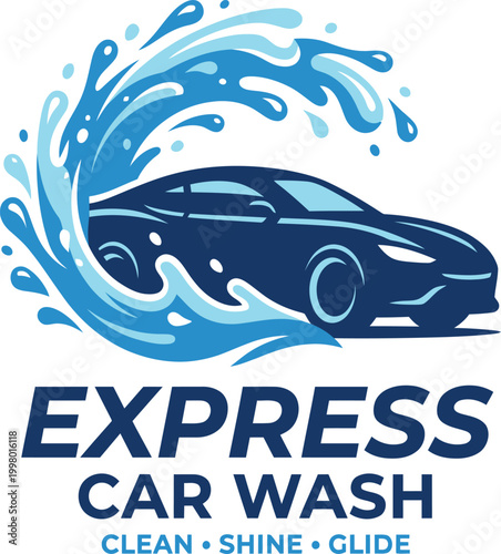 Sleek blue car being washed with dynamic water splash, Express Car Wash logo.