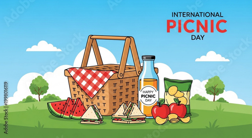 Picnic basket with red and white checkered cloth surrounded by watermelon slices sandwiches juice and fruits on a sunny day with a blue sky and green trees in the background