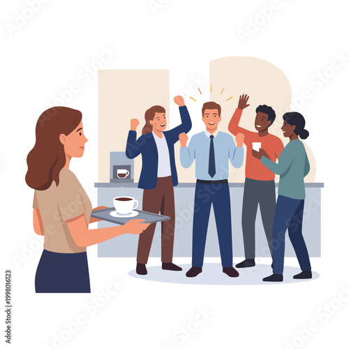 Colleagues celebrating with coffee and raised hands in modern office
