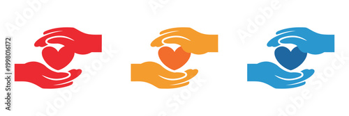 Hand holding heart icon, healthcare donation symbols, giving aid concept, flat outline styles, charity support vector illustration