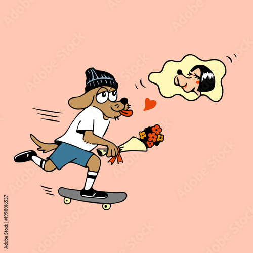 Cool dog on skateboard delivering flowers to his girlfriend, retro cartoon vector