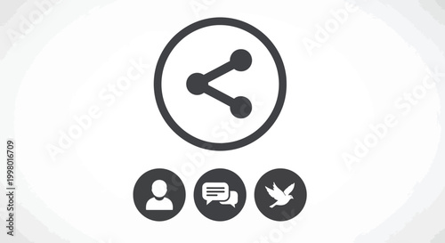 A simple black share icon within a circle accompanied by smaller icons below representing user profiles