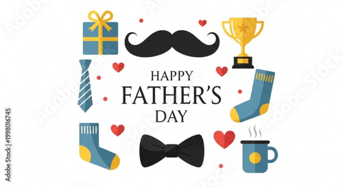 Father's day celebration illustrated with colorful gifts socks trophy mustache bowtie text and coffee mug in vector style