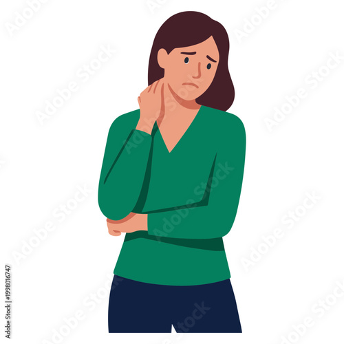 A worried woman touches her neck while looking down with a concerned expression on her face.