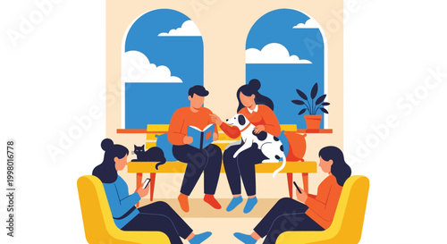 A cozy indoor scene depicts people relaxing and interacting with pets in a warmly lit space