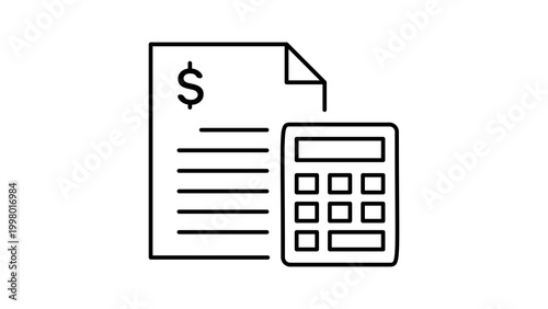 Financial budget planning and accounting minimalist black line vector icon with document, dollar sign, and calculator for business expense tracking and tax calculation with editable stroke.