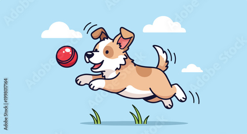 A cartoon dog jumping for a red ball