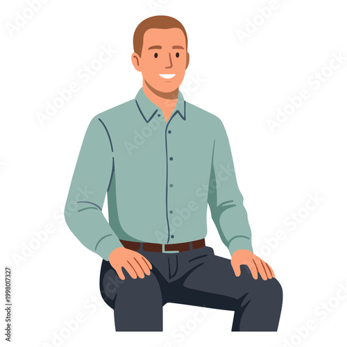 A man in a green shirt and dark pants is sitting down.