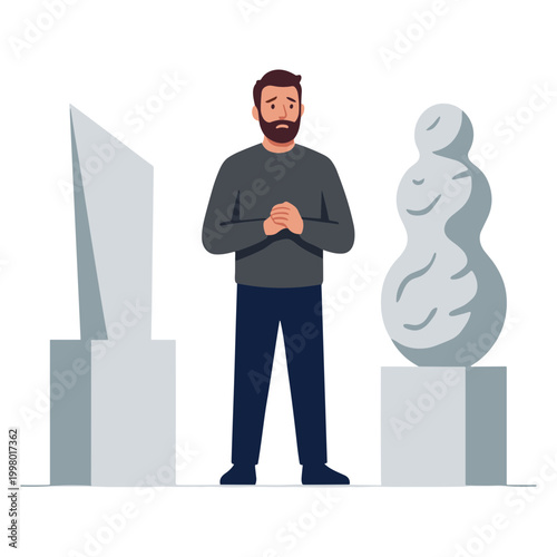 A man stands between two abstract sculptures in an art gallery