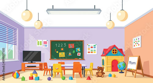 A brightly colored classroom scene featuring learning materials furniture and playful decorative elements high quality