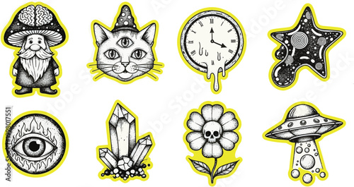 Trippy Psychedelic Sticker Set - Surreal Hippie Occult Hand-Drawn Vector Art