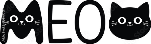 Black Cat Faces and Text Meow on White Background kitten