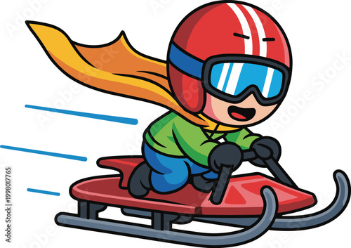 Cartoon superhero child sledding down a snowy slope