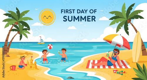 Children playing on a sunny beach with sandcastles palm trees and a vibrant ocean during the first day of summer illustrated in colorful vector style