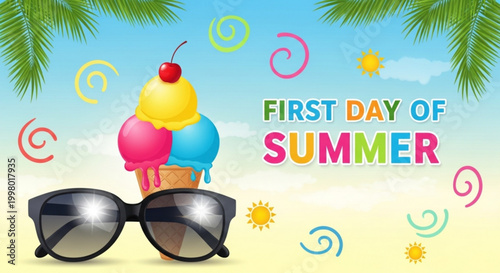 Colorful ice cream cone with sunglasses against summery blue background featuring vibrant swirls and text celebrating the first day of summer