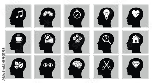 A collection of grayscale head silhouettes each containing a different symbolic icon within high quality