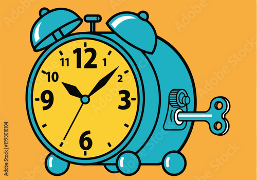 A teal alarm clock with a yellow face